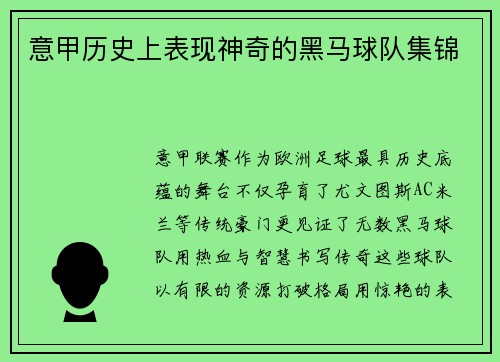 意甲历史上表现神奇的黑马球队集锦